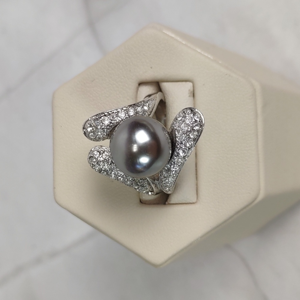 Grey Pearl/Micro Pave` Silvertone Ring